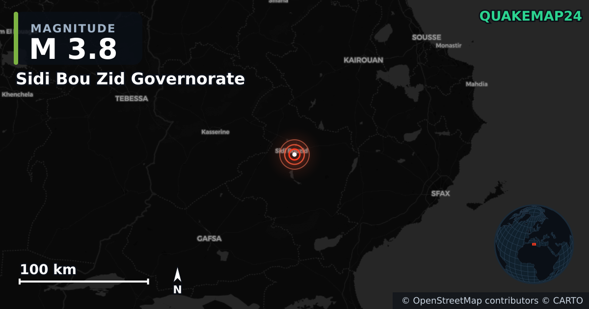M3.8 earthquake near Sidi Bou Zid Governorate on Apr 22, 2025 — map of epicenter and shaking intensity | QuakeMap24