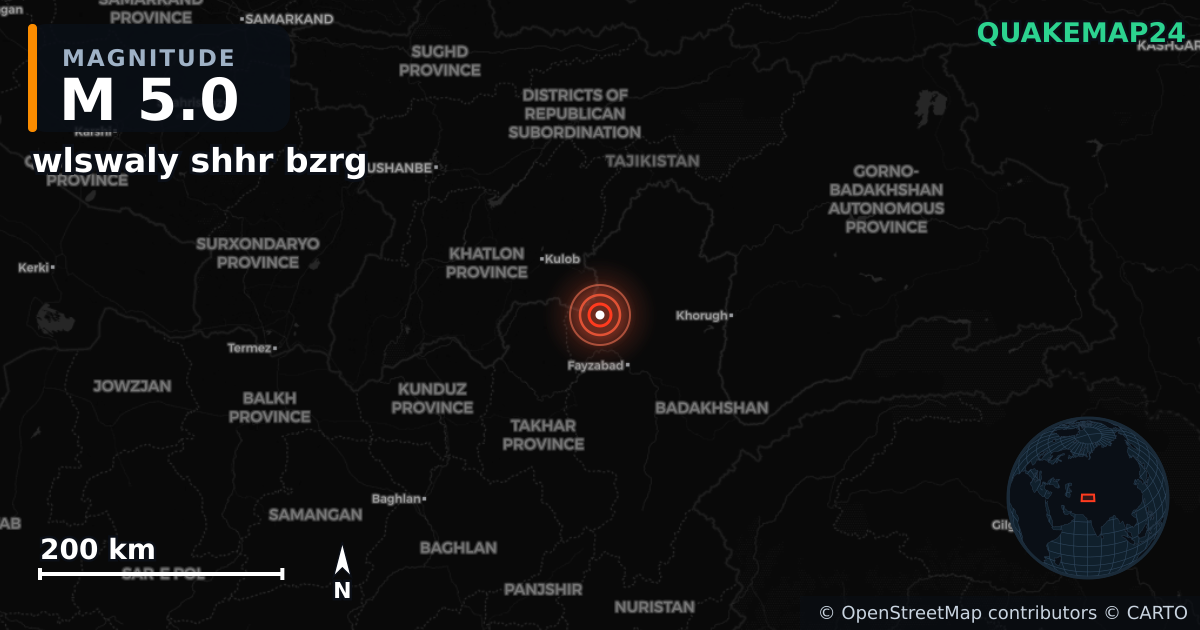 M5.0 earthquake near wlswaly shhr bzrg on Nov 1, 2025 — map of epicenter and shaking intensity | QuakeMap24