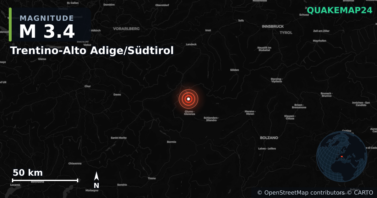 M3.4 earthquake near Trentino-Alto Adige/Südtirol on Sep 2, 2025 — map of epicenter and shaking intensity | QuakeMap24