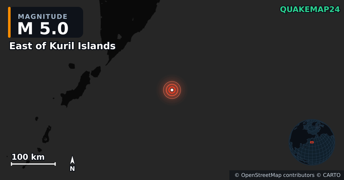 M5.0 earthquake near East of Kuril Islands on Aug 4, 2025 — map of epicenter and shaking intensity | QuakeMap24