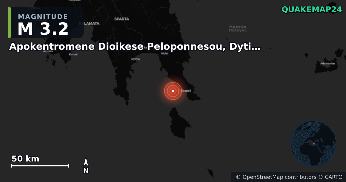 M3.2 earthquake near Apokentromene Dioikese Peloponnesou, Dytikes Elladas kai Ioniou on Jun 7, 2025 — map of epicenter and shaking intensity | QuakeMap24