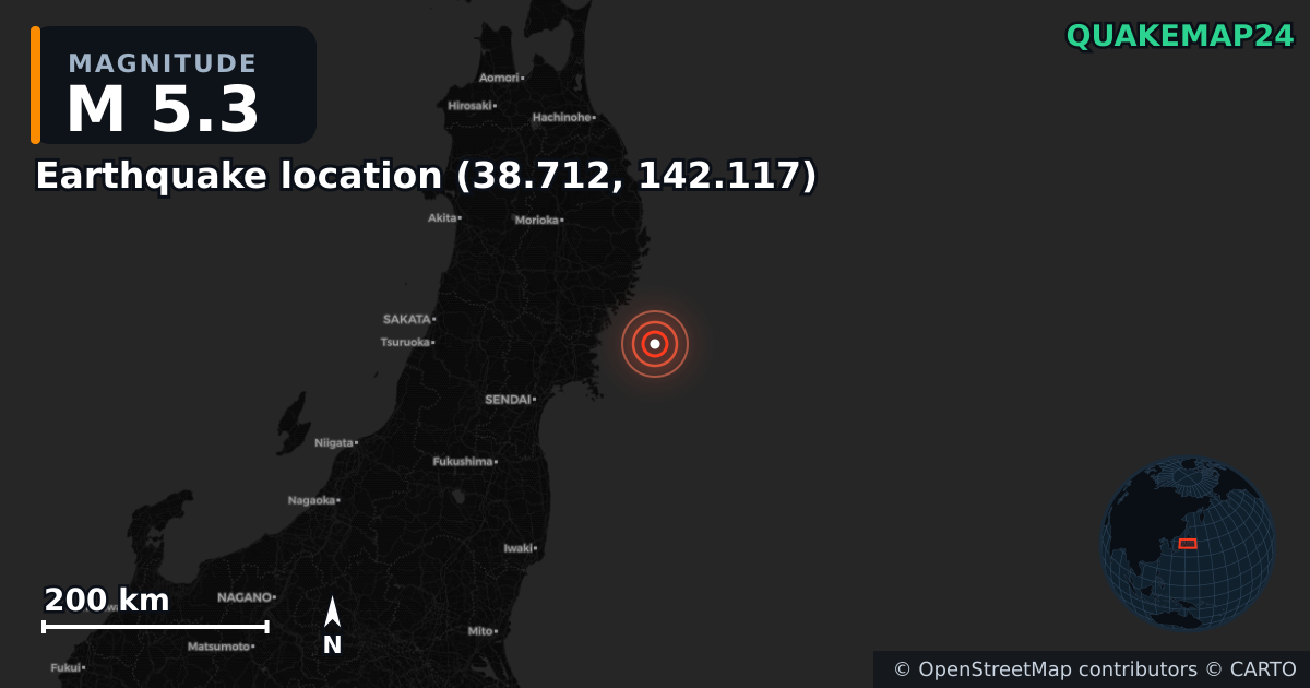 M5.3 earthquake near Deprem konumu (38.712, 142.117) on Nov 13, 2025 — map of epicenter and shaking intensity | QuakeMap24
