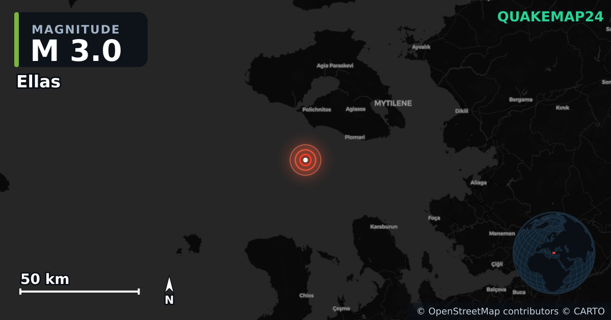M3.0 earthquake near Ellas on Mar 26, 2026 — map of epicenter and shaking intensity | QuakeMap24