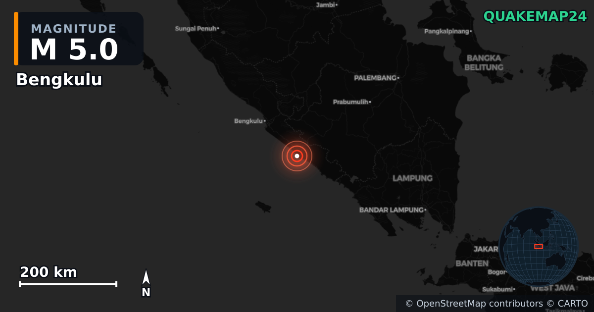M5.0 earthquake near Bengkulu on Oct 23, 2025 — map of epicenter and shaking intensity | QuakeMap24