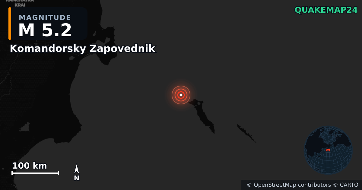 M5.2 earthquake near Komandorsky Zapovednik on Jun 11, 2026 — map of epicenter and shaking intensity | QuakeMap24