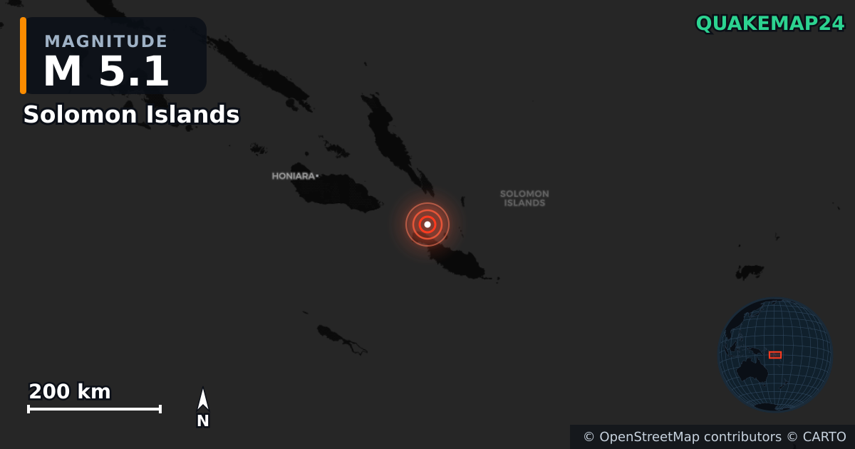 M5.1 earthquake near Solomon Islands on May 19, 2026 — map of epicenter and shaking intensity | QuakeMap24