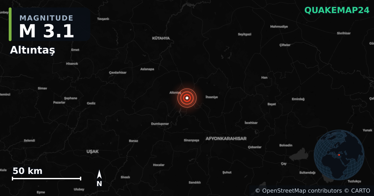 Terremoto de M3,1 cerca de Altıntaş (Turquía) · 2025-12-23 — Mapa de la ubicación del epicentro