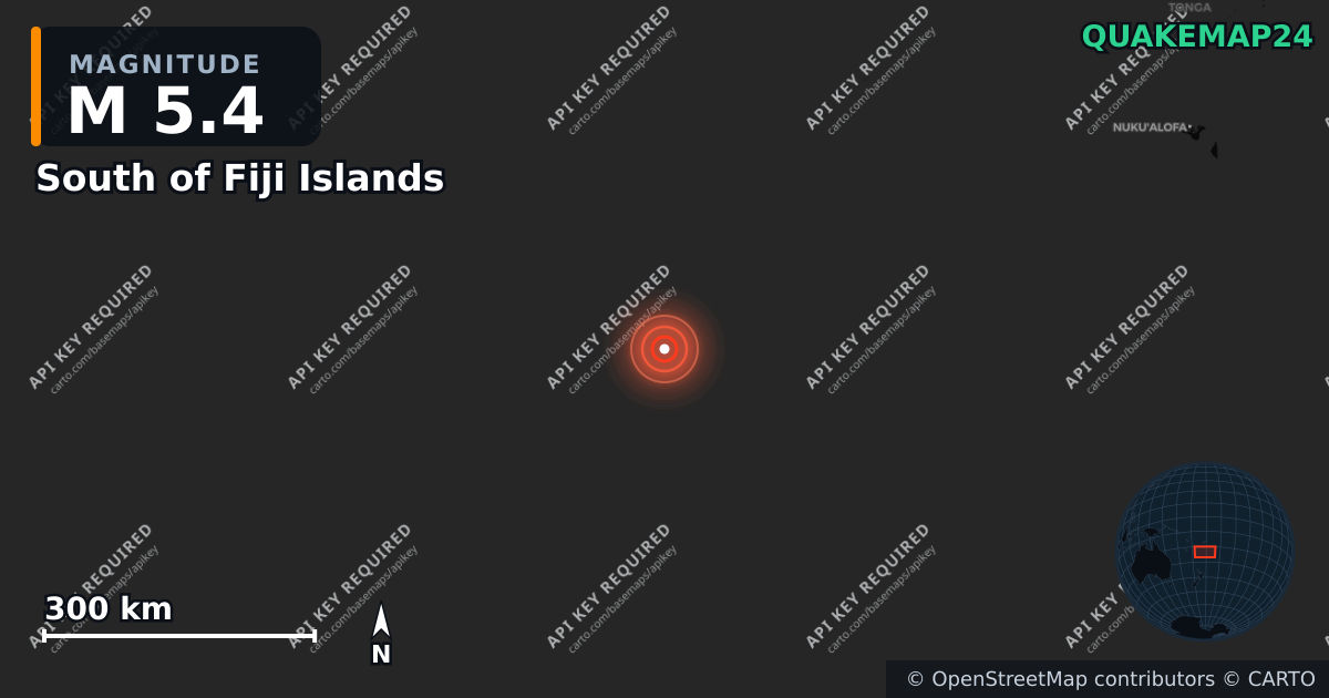 M5.4 earthquake near South of Fiji Islands on Jul 29, 2025 — map of epicenter and shaking intensity | QuakeMap24