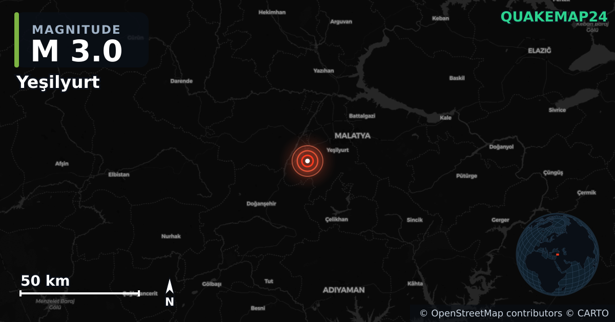 M3.0 earthquake near Yeşilyurt on Dec 18, 2025 — map of epicenter and shaking intensity | QuakeMap24