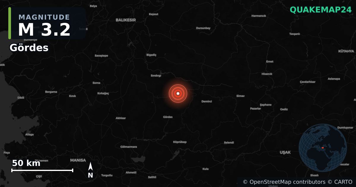 M3.2 earthquake near Gördes on Feb 22, 2026 — map of epicenter and shaking intensity | QuakeMap24