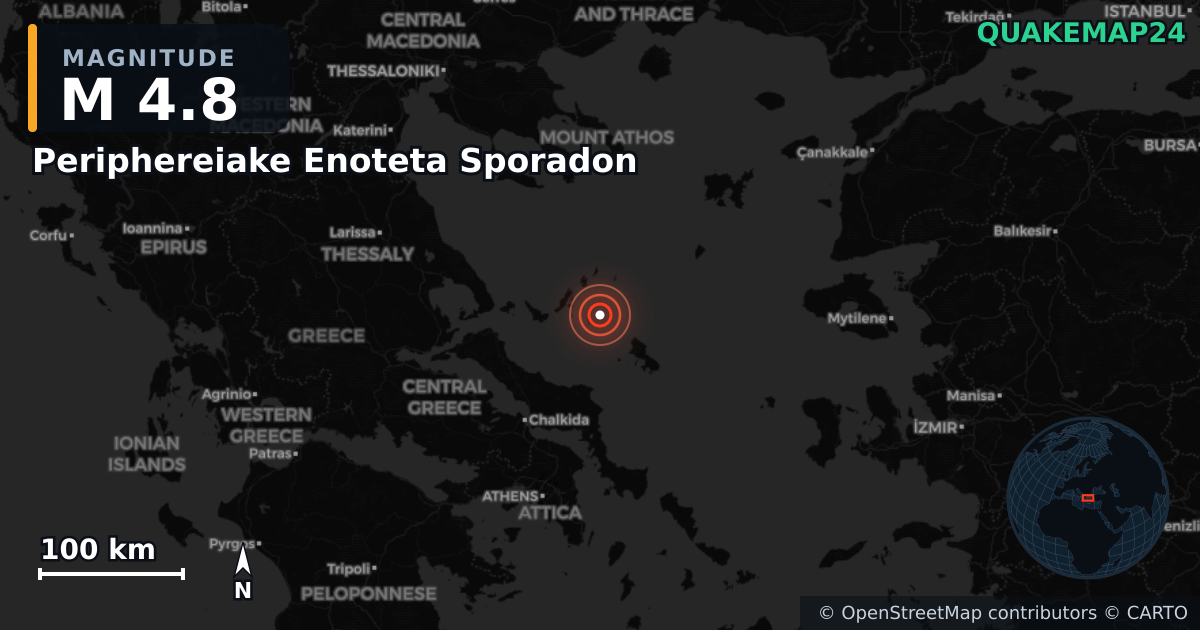 M4.8 earthquake near Periphereiake Enoteta Sporadon on Nov 17, 2025 — map of epicenter and shaking intensity | QuakeMap24