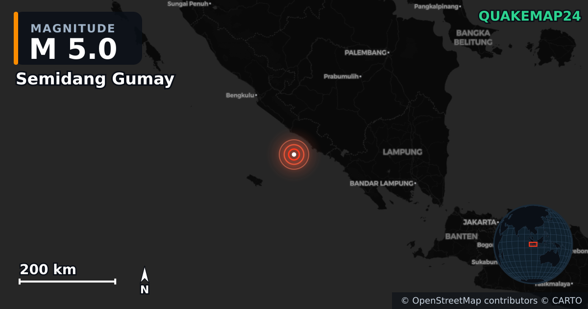 Σεισμός M5,0 κοντά στο Semidang Gumay, Bengkulu (Ινδονησία) — Χάρτης της θέσης του επικέντρου