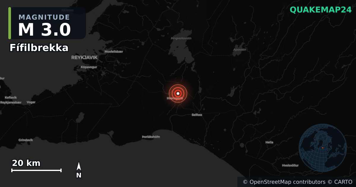M3.0 earthquake near Fífilbrekka on Jul 8, 2026 — map of epicenter and shaking intensity | QuakeMap24