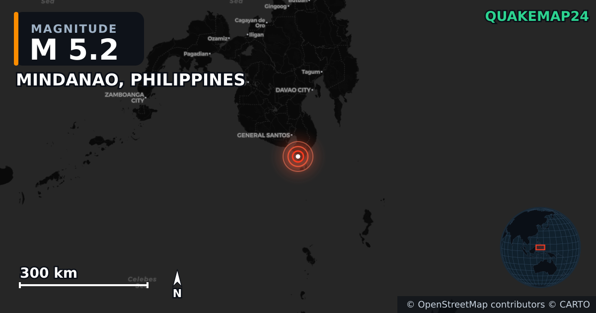 M5.2 earthquake near MINDANAO, PHILIPPINES on Jun 8, 2026 — map of epicenter and shaking intensity | QuakeMap24