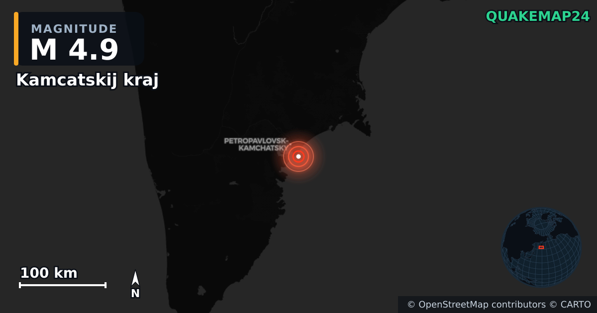 M4.9 earthquake near Kamcatskij kraj on Jul 2, 2025 — map of epicenter and shaking intensity | QuakeMap24