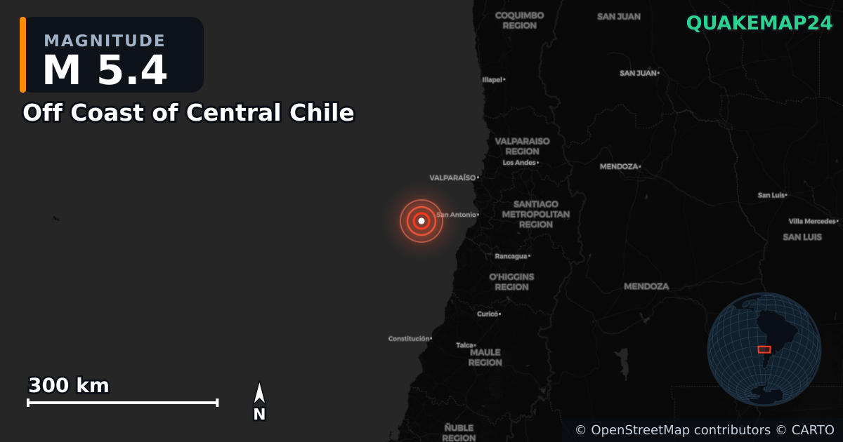 M5.4 earthquake near Off Coast of Central Chile on Jul 2, 2025 — map of epicenter and shaking intensity | QuakeMap24