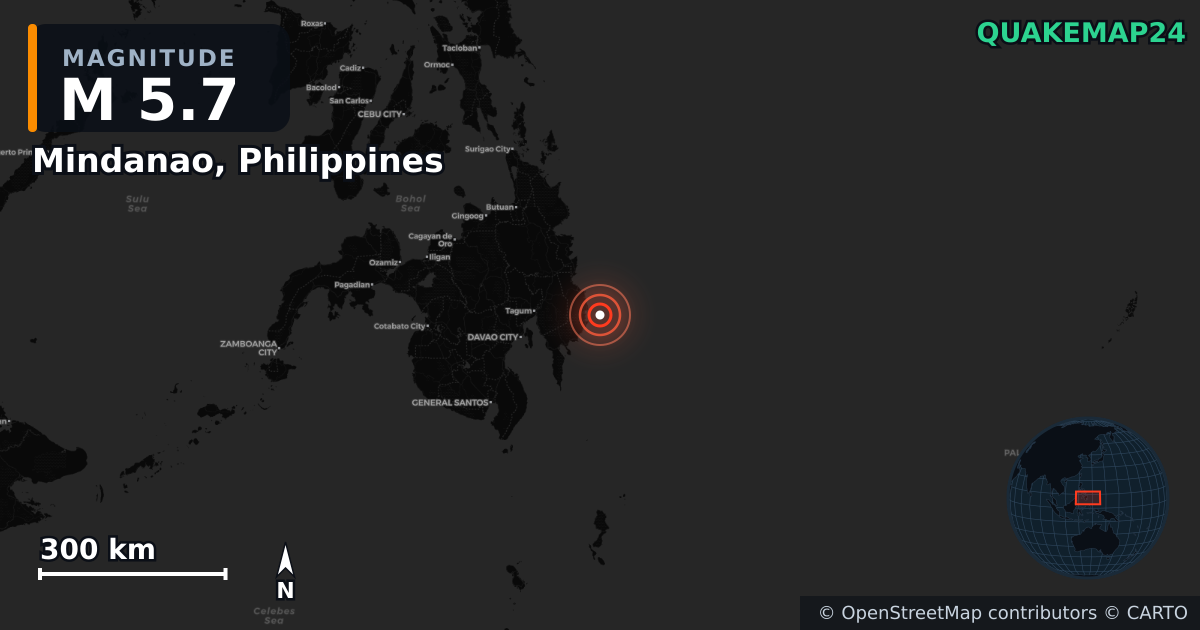 Erdbeben M5,7 bei Mindanao, Philippines — Karte der Lage des Epizentrums
