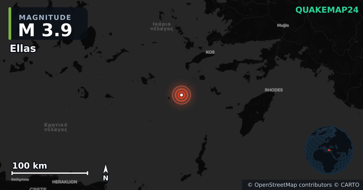 M3.9 earthquake near Ellas on Sep 7, 2025 — map of epicenter and shaking intensity | QuakeMap24