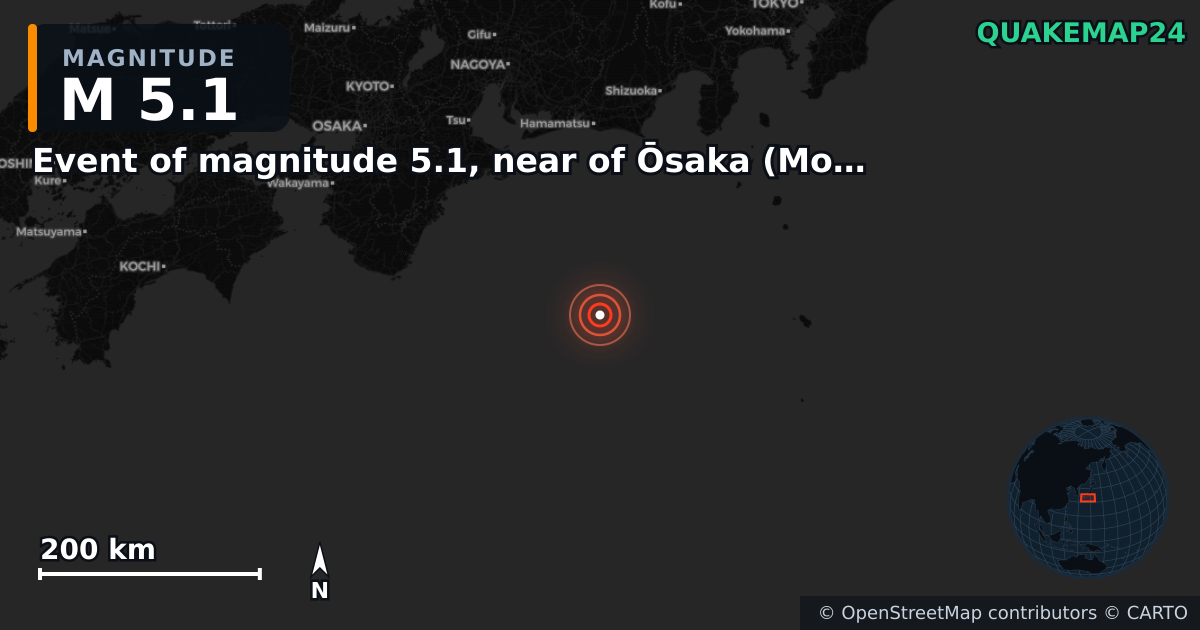 M5.1 earthquake near Event of magnitude 5.1, near of Ōsaka (Monde) on Dec 23, 2025 — map of epicenter and shaking intensity | QuakeMap24