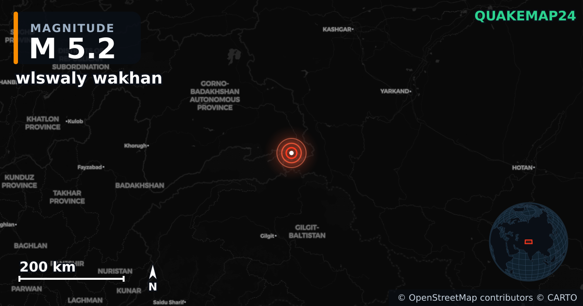 M5.2 earthquake near wlswaly wakhan on Jan 6, 2026 — map of epicenter and shaking intensity | QuakeMap24