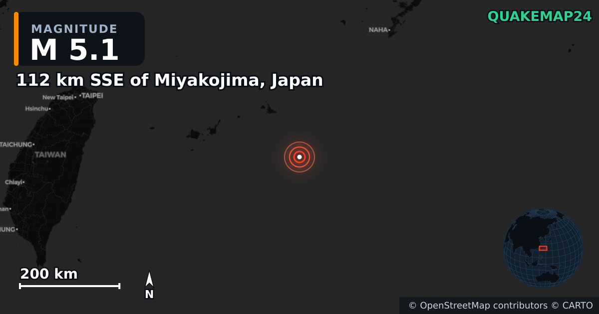 M5.1 earthquake near 112 km SSE of Miyakojima, Japan on Jul 11, 2025 — map of epicenter and shaking intensity | QuakeMap24