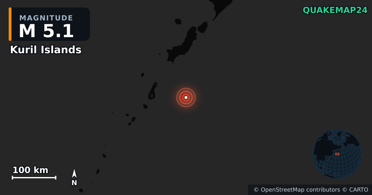 M5.1 earthquake near Kuril Islands on Dec 14, 2025 — map of epicenter and shaking intensity | QuakeMap24