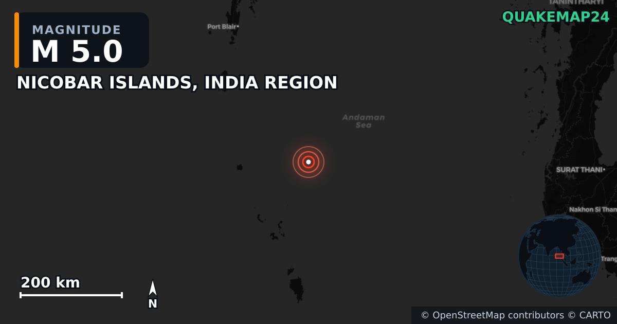 NICOBAR ISLANDS, INDIA REGION yakınında M5,0 deprem · 2025-06-30 — Deprem merkez üssünün konumunu gösteren harita