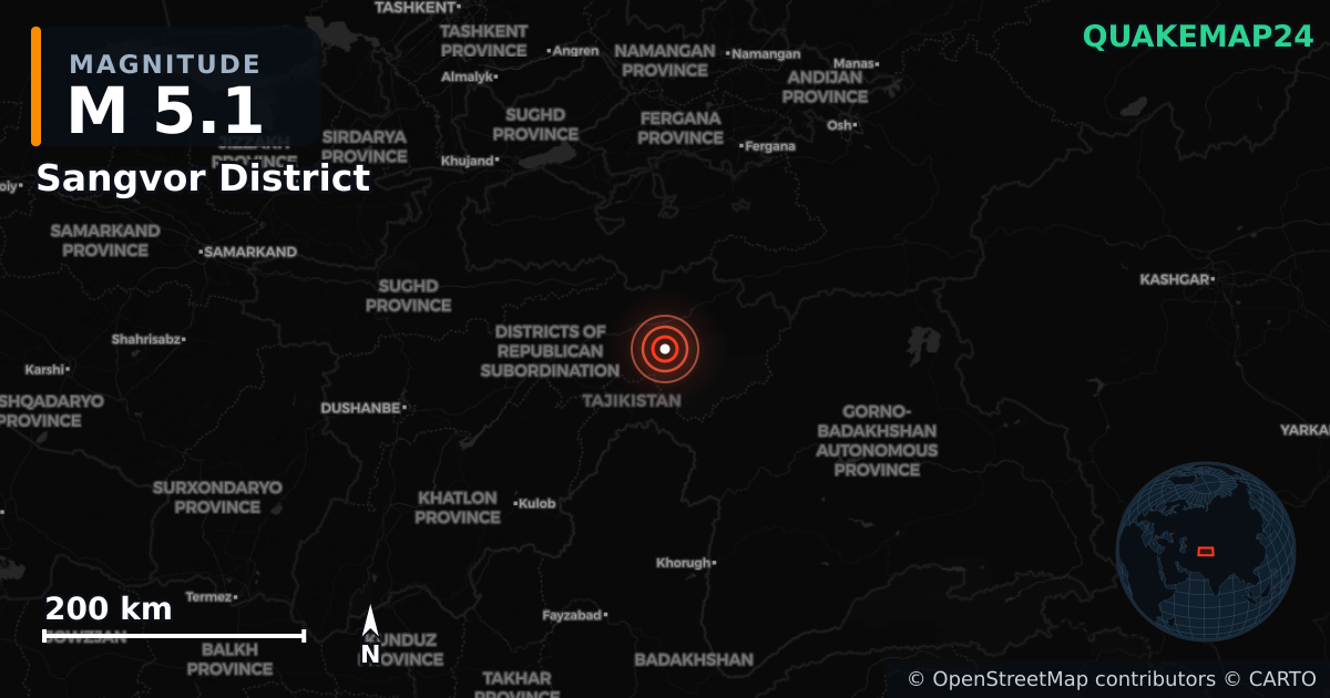 M5.1 earthquake near Sangvor District on Apr 3, 2026 — map of epicenter and shaking intensity | QuakeMap24