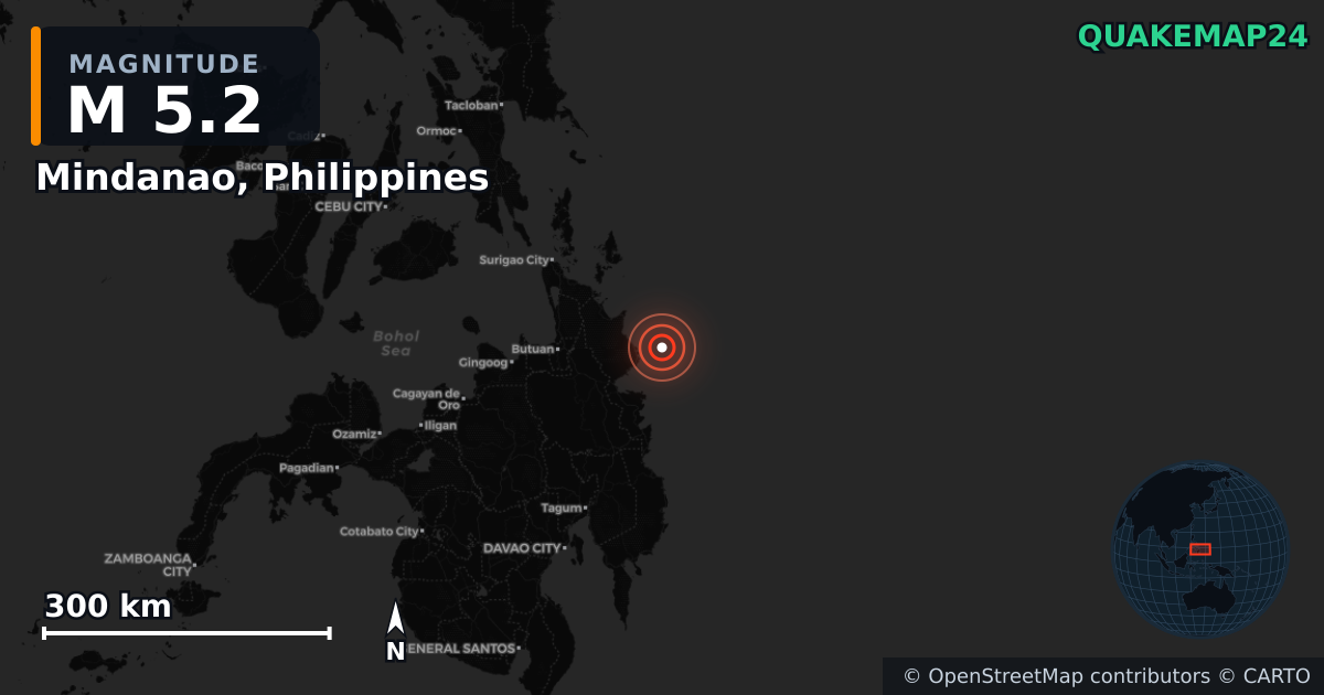 Sismo de M5,2 perto de Mindanao, Philippines — Mapa da localização do epicentro