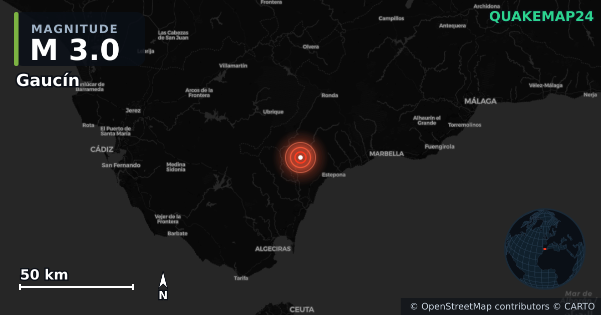 M3.0 earthquake near Gaucín on Feb 6, 2026 — map of epicenter and shaking intensity | QuakeMap24