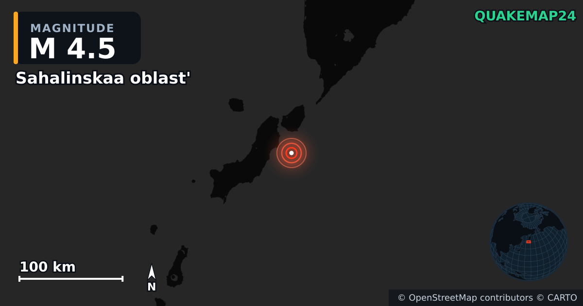 M4.5 earthquake near Sahalinskaa oblast' on Aug 22, 2025 — map of epicenter and shaking intensity | QuakeMap24