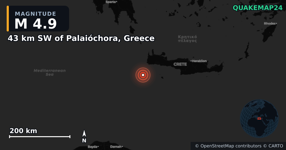 M4.9 earthquake near 43 km SW of Palaióchora, Greece on Jun 20, 2025 — map of epicenter and shaking intensity | QuakeMap24