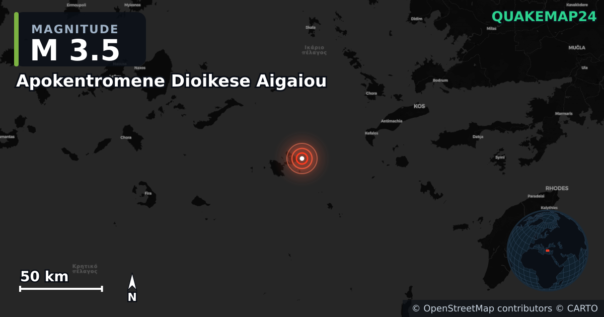 M3.5 earthquake near Apokentromene Dioikese Aigaiou on Nov 7, 2025 — map of epicenter and shaking intensity | QuakeMap24