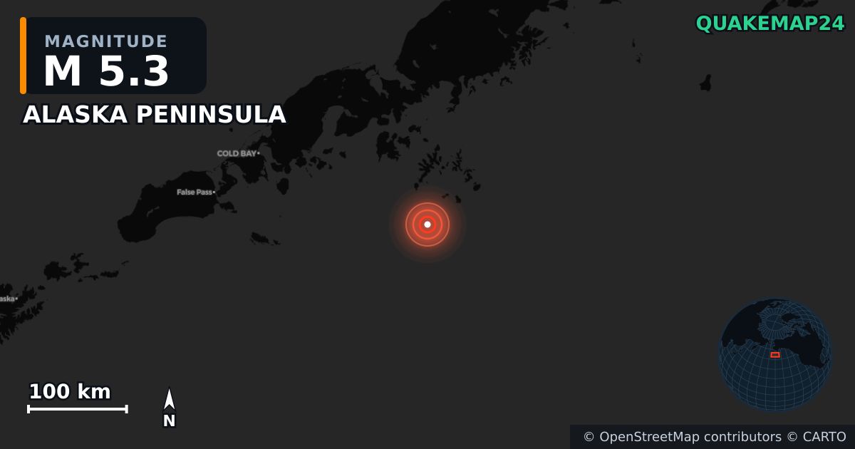 M5.3 earthquake near ALASKA PENINSULA on Jul 17, 2025 — map of epicenter and shaking intensity | QuakeMap24