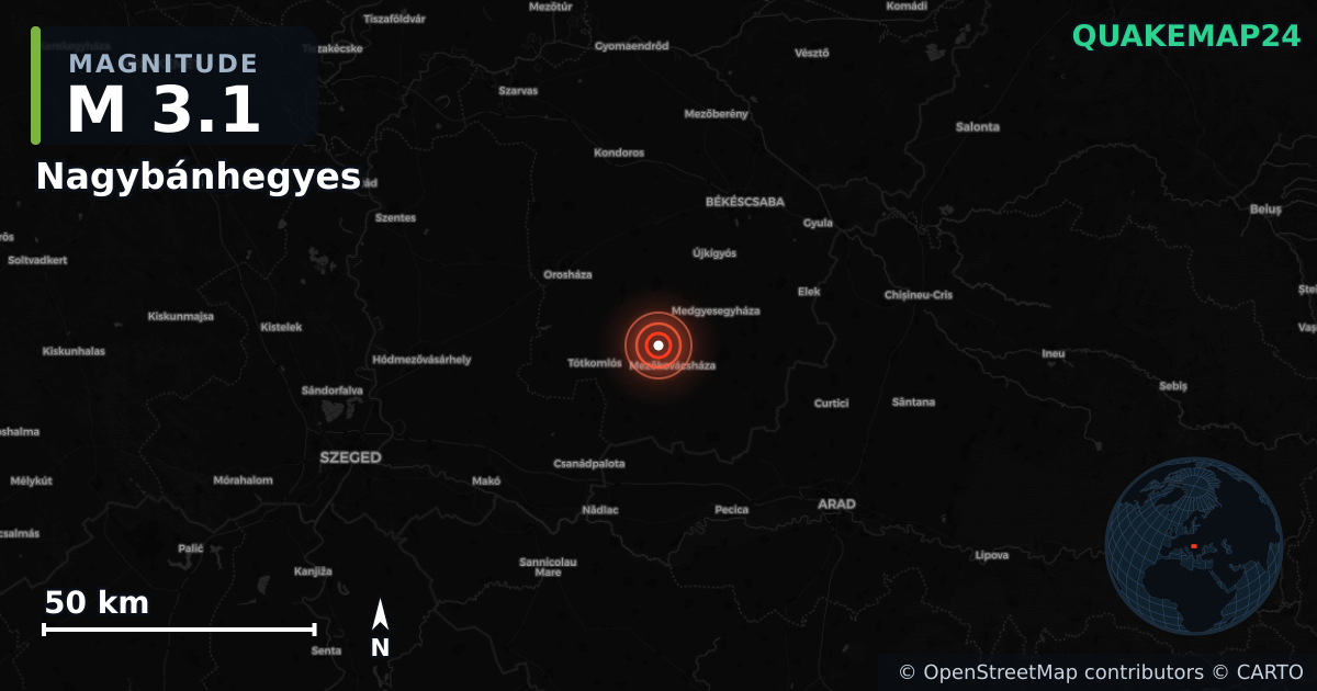 M3.1 earthquake near Nagybánhegyes on Jun 29, 2026 — map of epicenter and shaking intensity | QuakeMap24