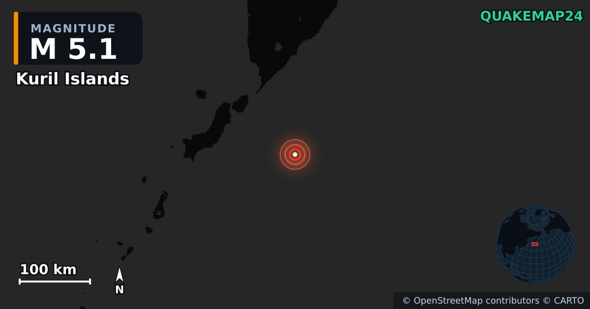M5.1 earthquake near Kuril Islands on Aug 6, 2025 — map of epicenter and shaking intensity | QuakeMap24