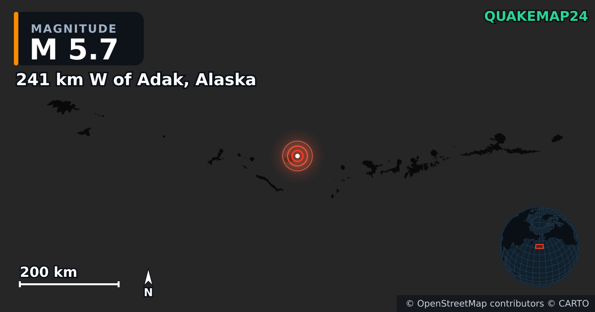 M5.7 earthquake near 241 km W of Adak, Alaska on Aug 28, 2025 — map of epicenter and shaking intensity | QuakeMap24