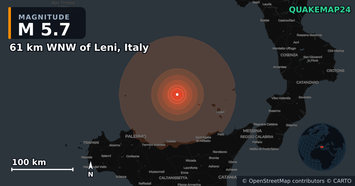 M5.7 Earthquake near 61 km WNW of Leni, Italy · 2026-10-23 — Map showing the location of the epicenter