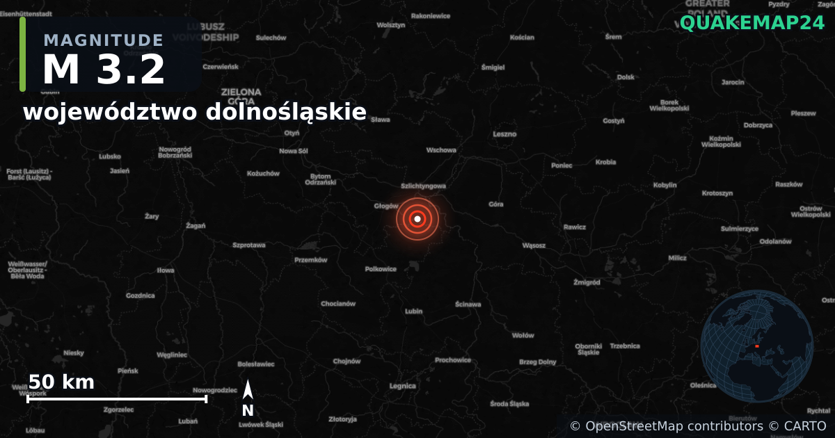 M3.2 earthquake near województwo dolnośląskie on Jun 5, 2025 — map of epicenter and shaking intensity | QuakeMap24