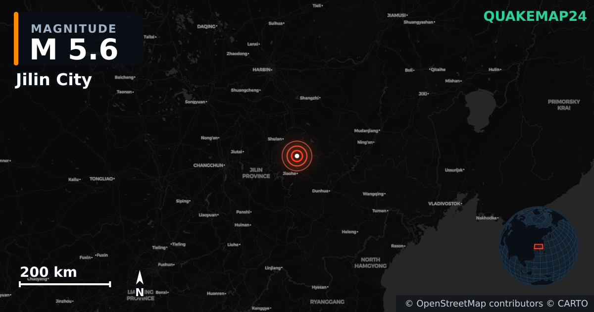 M5.6 earthquake near Jilin City on Jun 26, 2026 — map of epicenter and shaking intensity | QuakeMap24