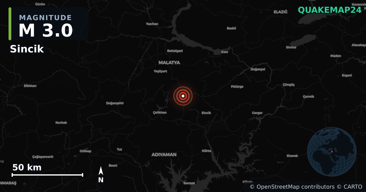 M3.0 earthquake near Sincik on Jan 18, 2026 — map of epicenter and shaking intensity | QuakeMap24