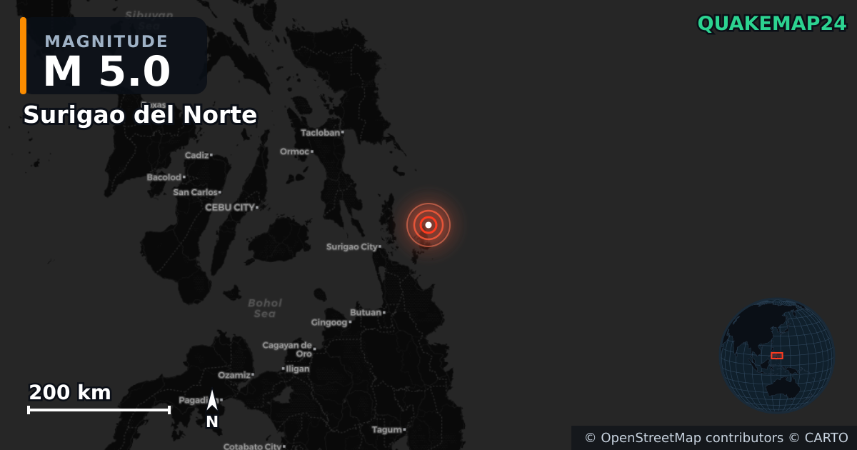M5.0 Earthquake near Event of magnitude 5.0, near of Davao (Monde) (Philippines) · 2025-10-07 — Map showing the location of the epicenter