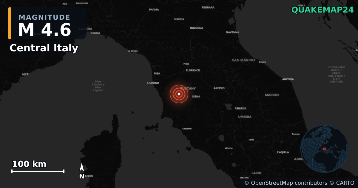 M4.6 earthquake near Central Italy on Apr 6, 2026 — map of epicenter and shaking intensity | QuakeMap24