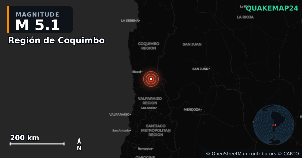 M5.1 earthquake near Región de Coquimbo on May 5, 2025 — map of epicenter and shaking intensity | QuakeMap24