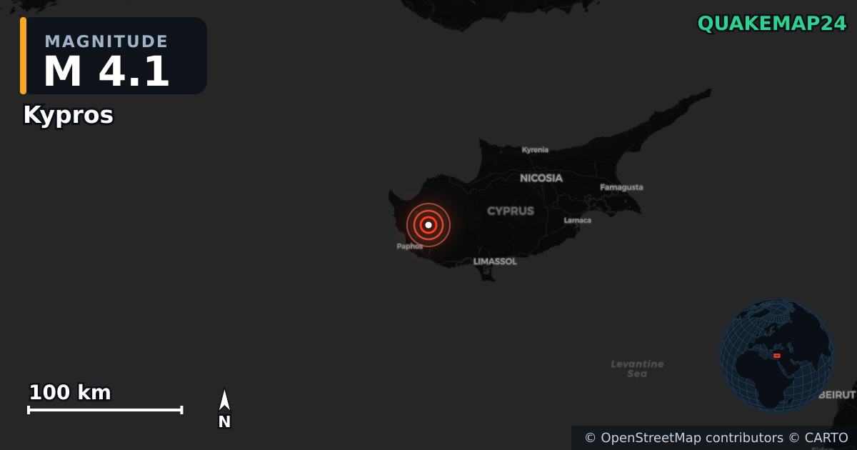 M4.1 earthquake near Kypros on Nov 12, 2025 — map of epicenter and shaking intensity | QuakeMap24