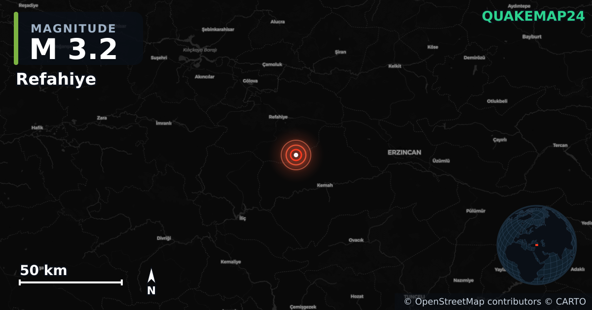 M3.2 earthquake near Refahiye on Mar 1, 2026 — map of epicenter and shaking intensity | QuakeMap24