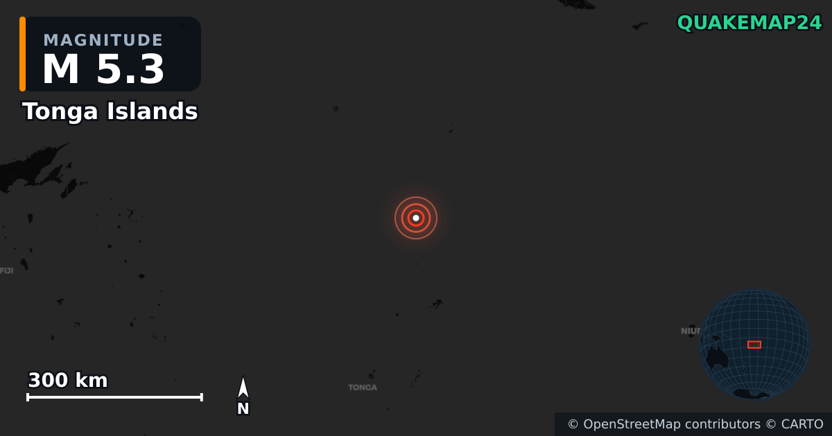 M5.3 earthquake near Tonga Islands on May 26, 2026 — map of epicenter and shaking intensity | QuakeMap24