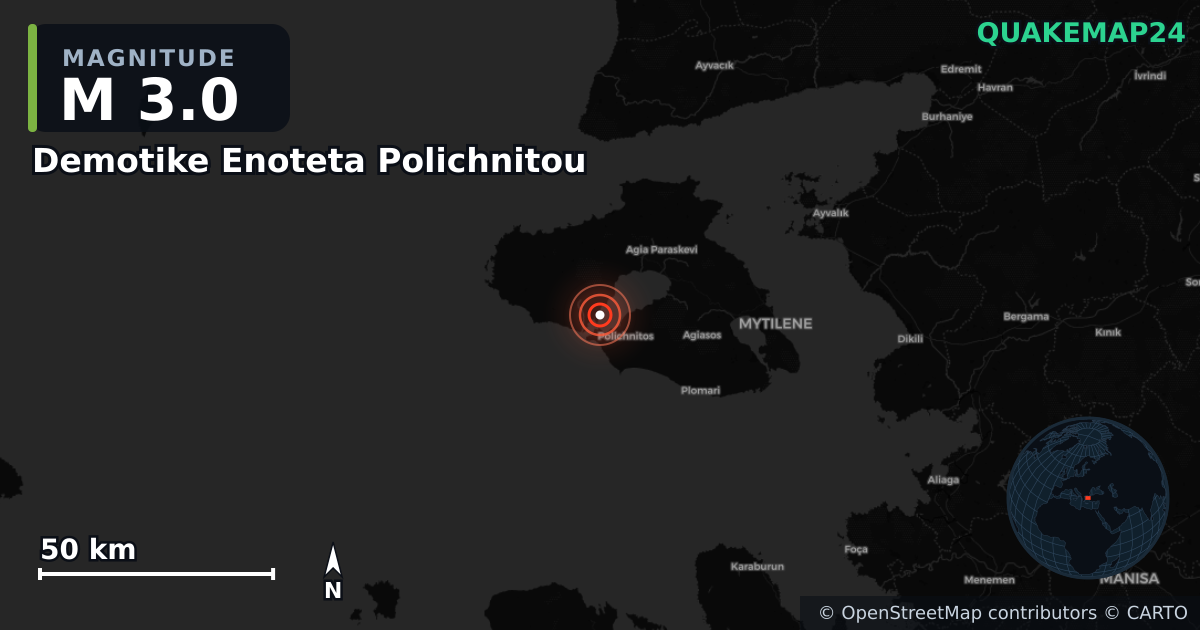 M3.0 earthquake near Demotike Enoteta Polichnitou on Nov 10, 2025 — map of epicenter and shaking intensity | QuakeMap24