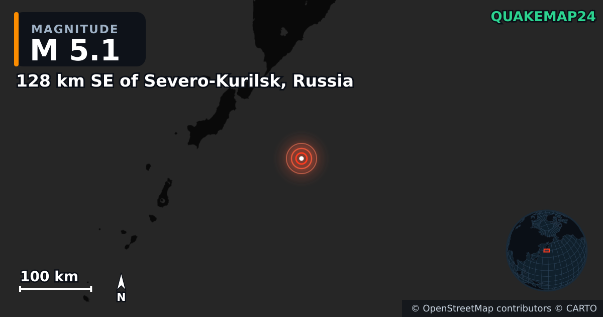 M5.1 earthquake near 128 km SE of Severo-Kurilsk, Russia on Jul 31, 2025 — map of epicenter and shaking intensity | QuakeMap24