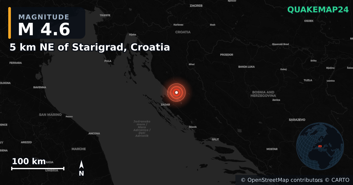M4.6 earthquake near 5 km NE of Starigrad, Croatia on Feb 11, 2025 — map of epicenter and shaking intensity | QuakeMap24